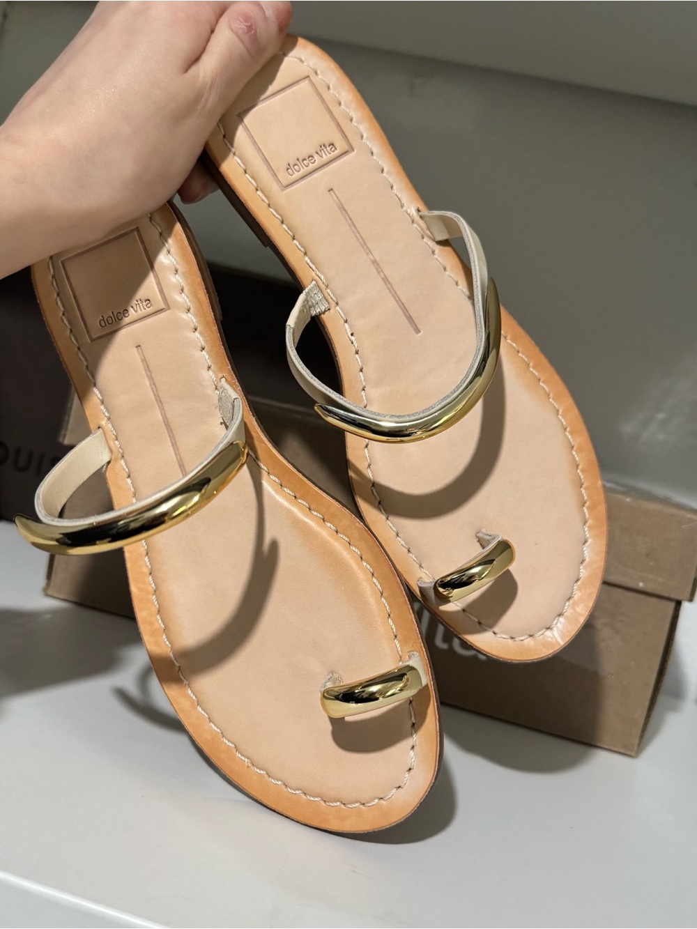 Dolce Vita Beige Leather Toe-Ring Sandals with Gold Accents